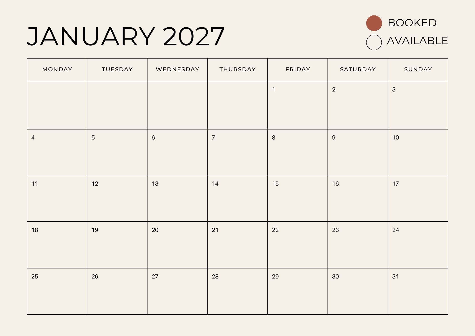 January 2027 calendar with days marked as booked or available, shown in a grid format with weekdays labeled at the top.