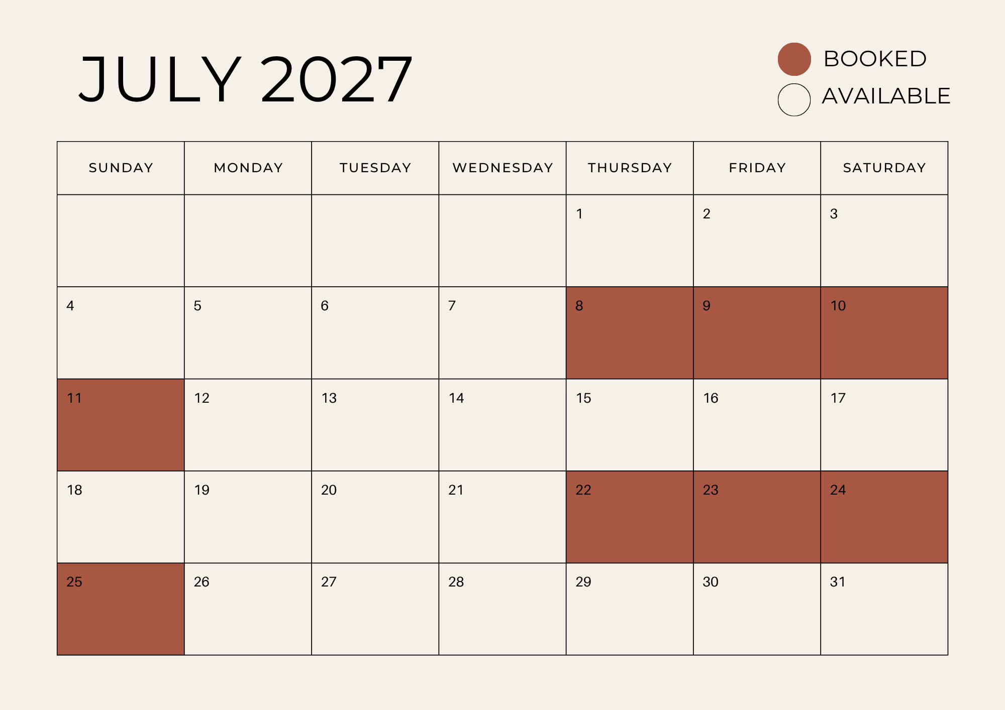July 2027 calendar showing dates 8, 9, 10, 11, 22, and 23 marked as booked with brown color, and other dates available.