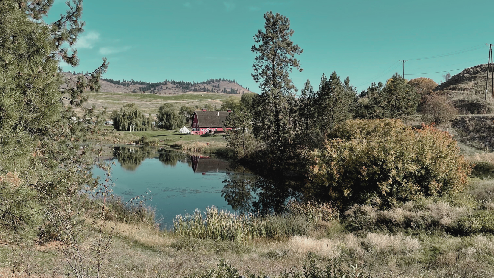 Scenic view of a peaceful pond surrounded by trees and grass, with a red barn and hills in the background under a clear blue sky.
