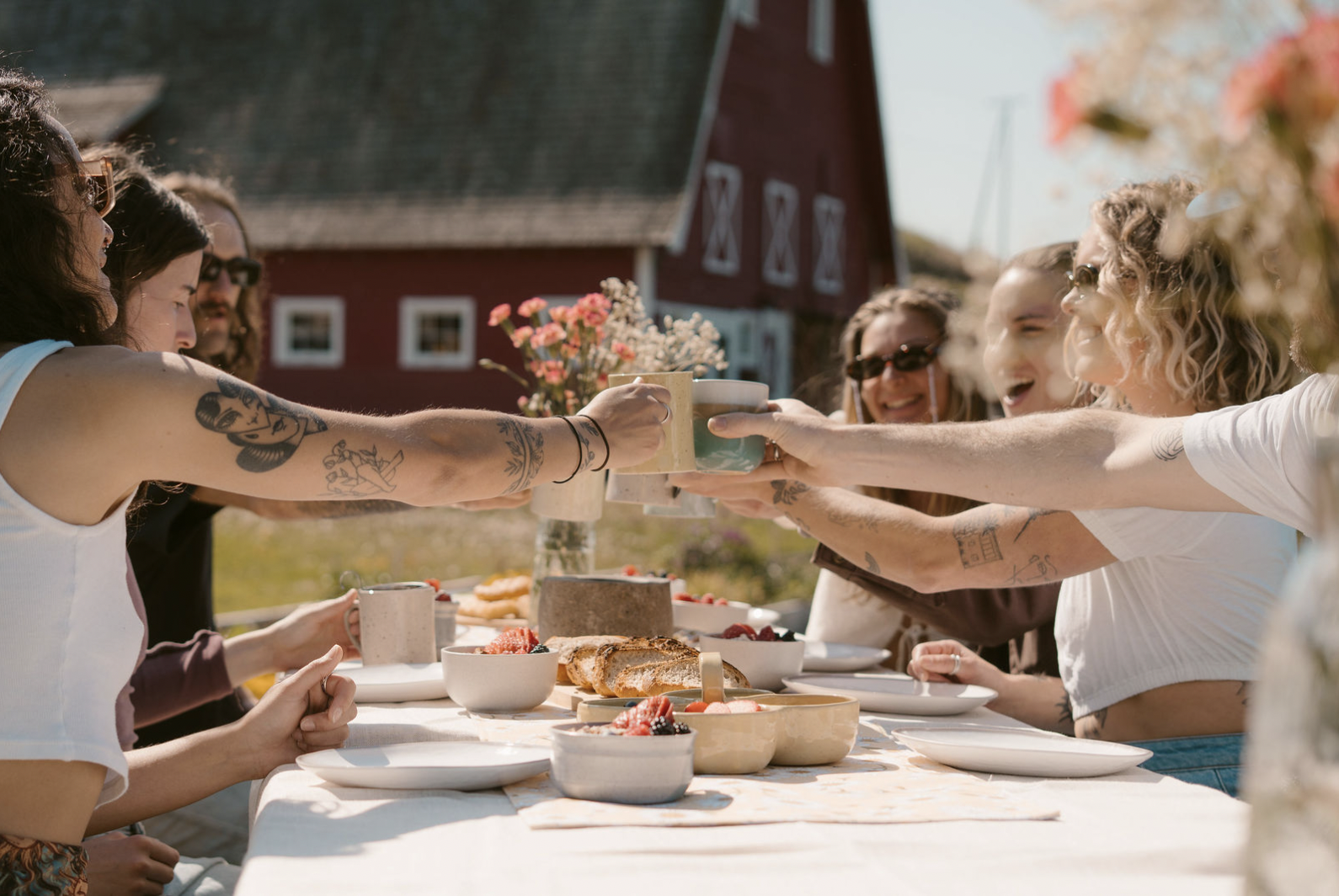 Group of friends raising glasses in a toast during outdoor meal with bowls of berries, bread, and other food, with a red barn and a farm in the background.