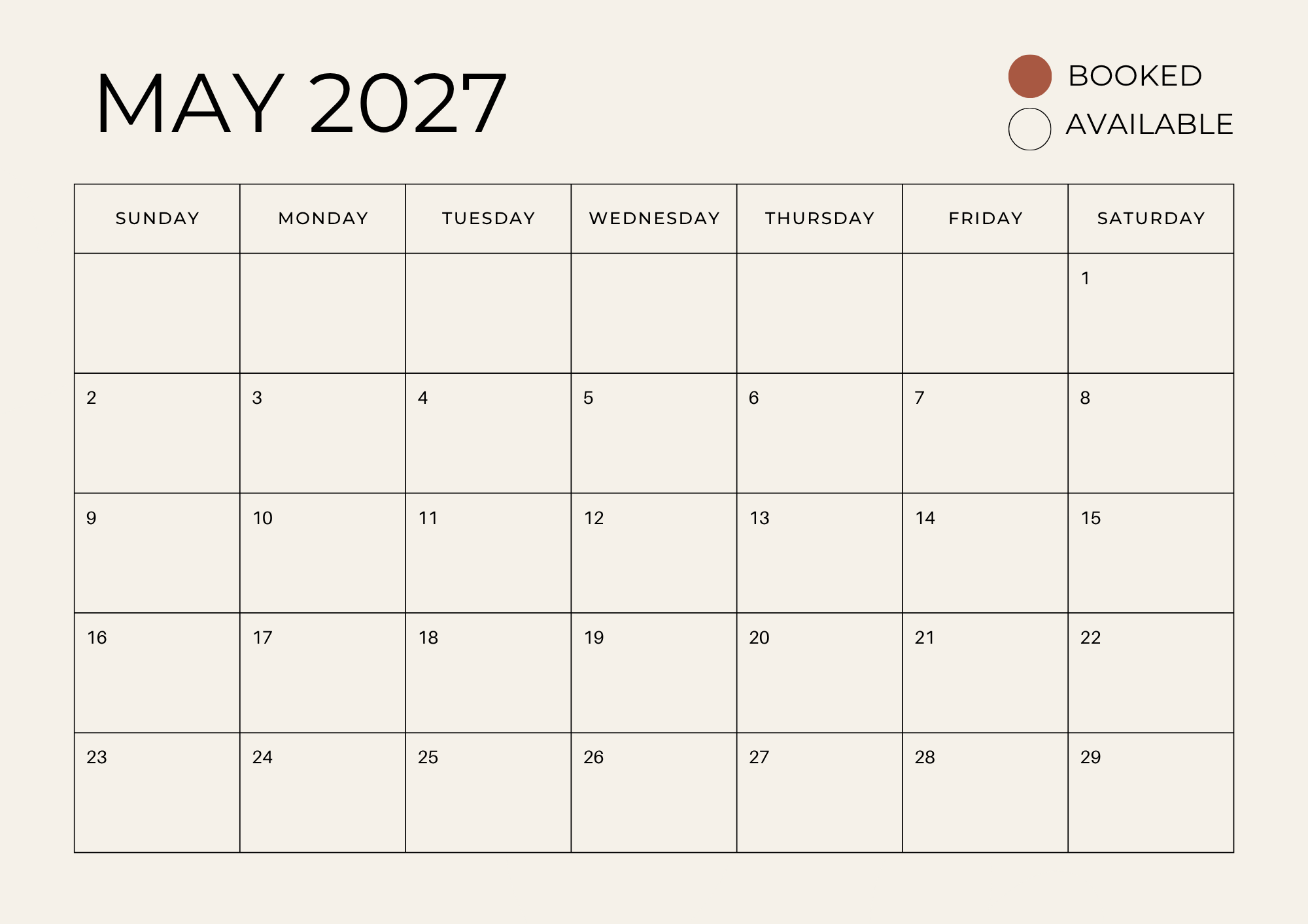 Calendar for May 2027 with some dates marked as booked and available.