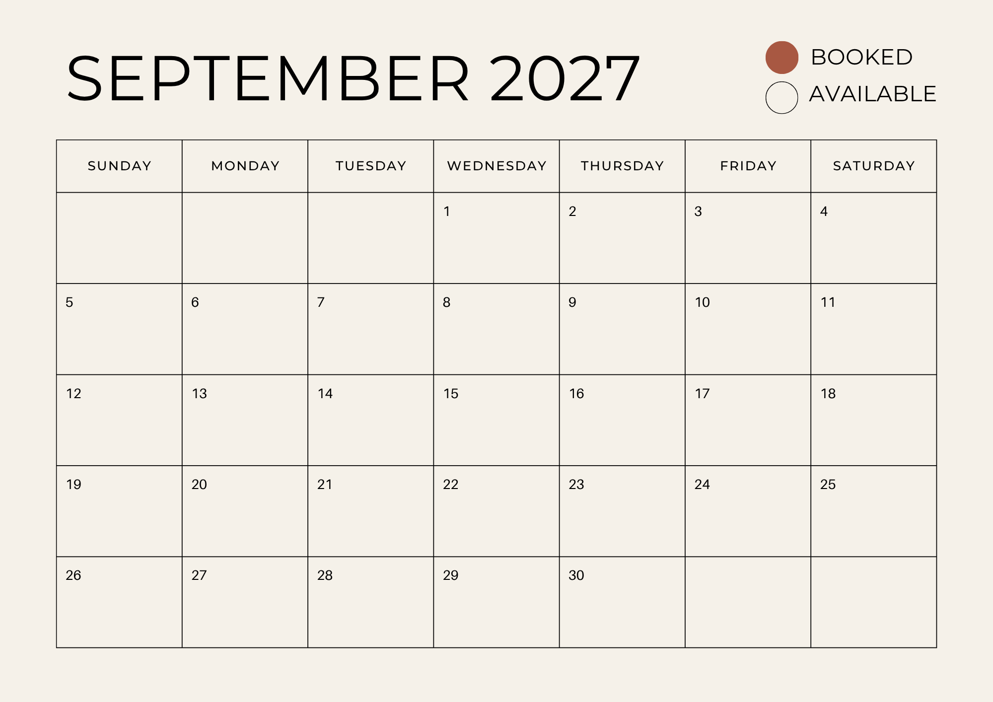 September 2027 calendar with booked and available dates indicated by brown and white circles