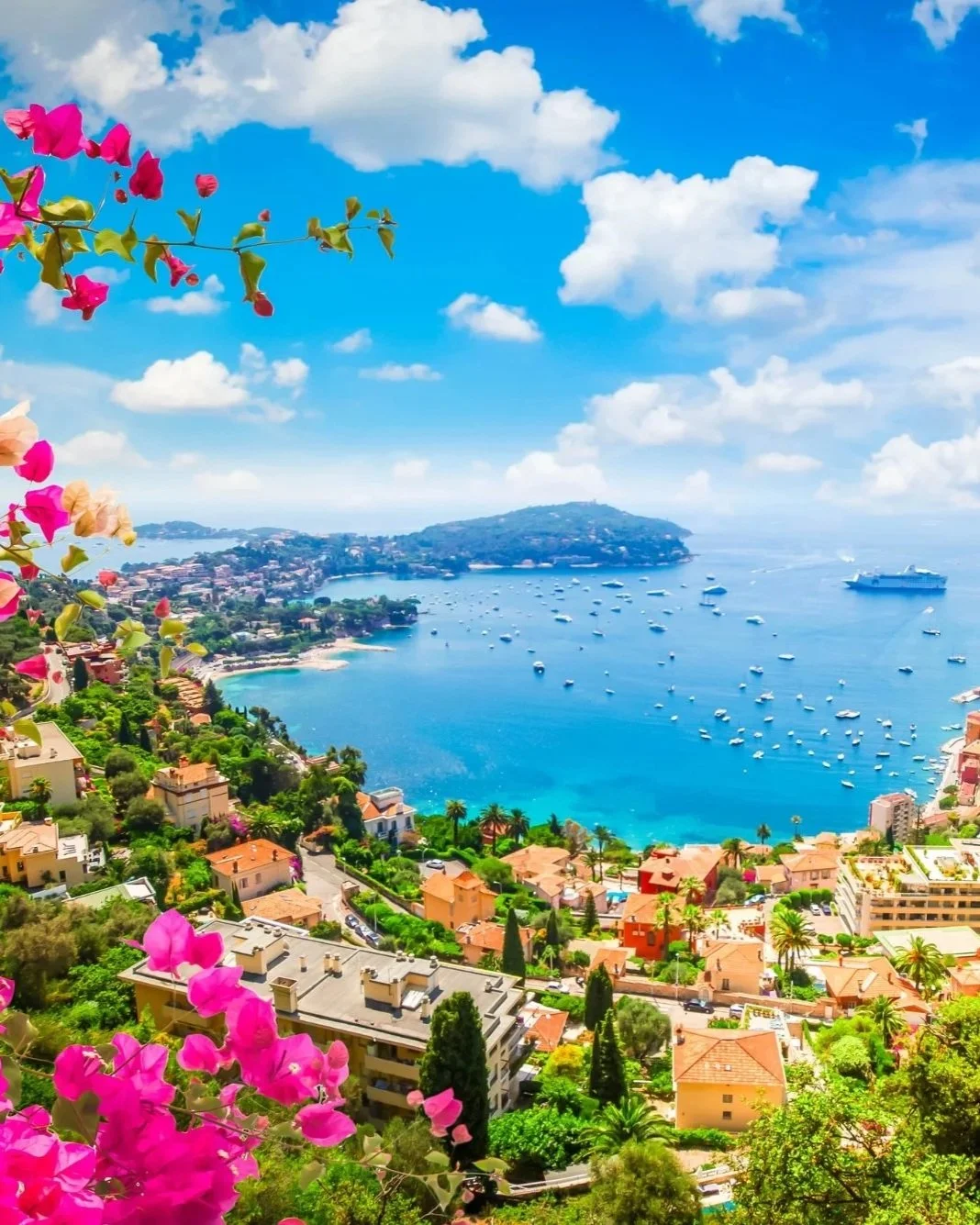 View over Villefranche-sur-Mer toward the Cap Ferrat peninsula on the French Riviera.