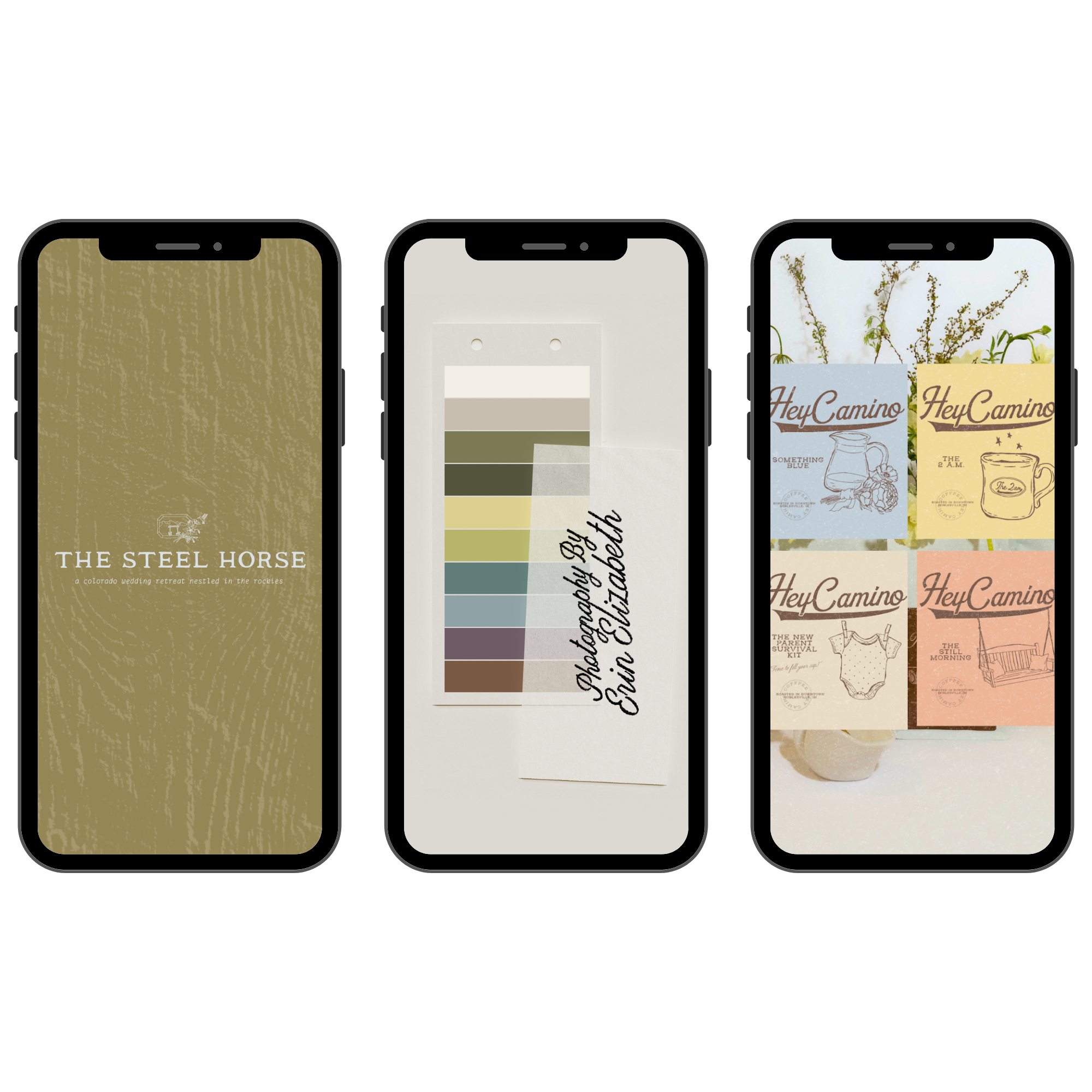 Three smartphone screens showing different designs for Hey Camino products, including packaging and branding.