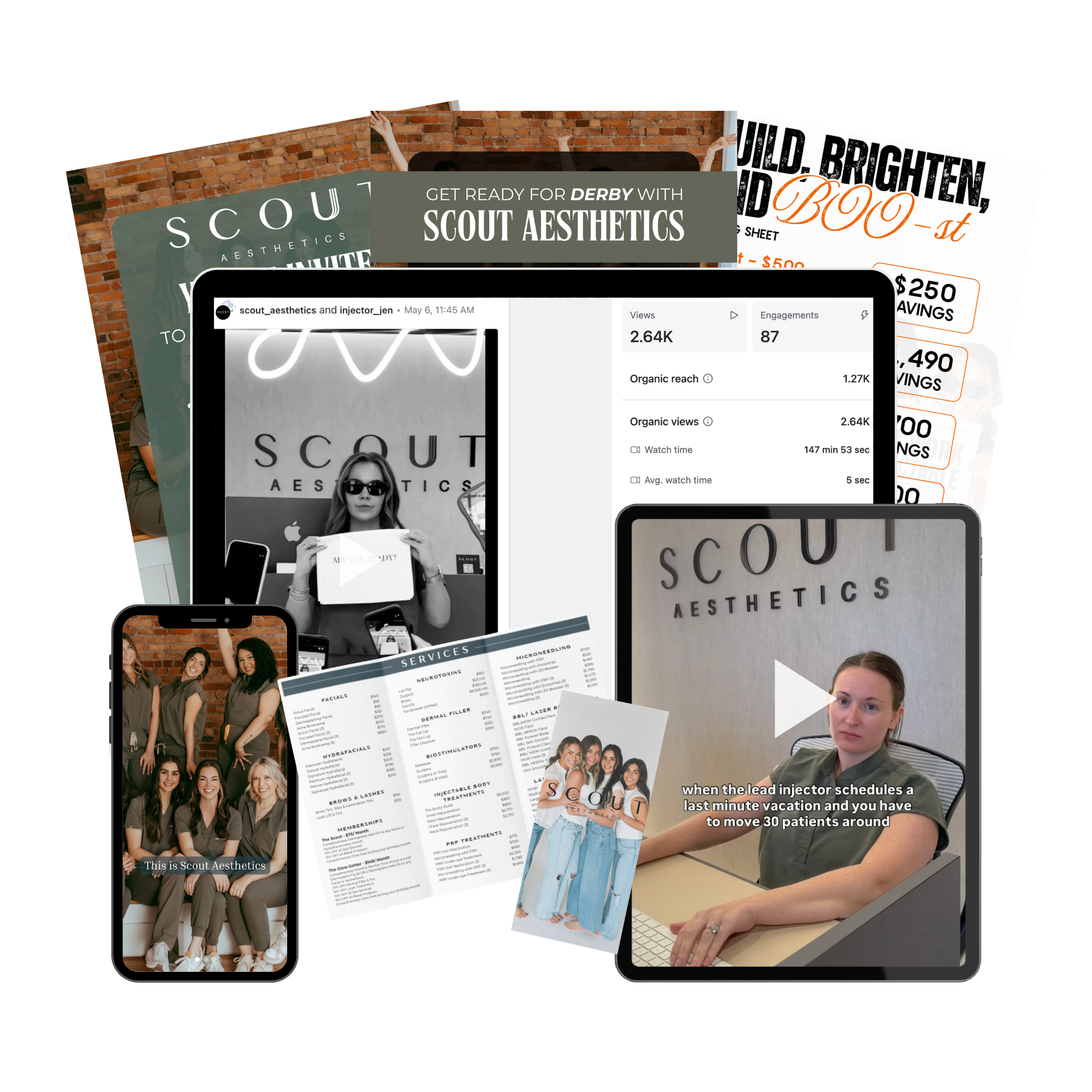 A collage of promotional materials for Scout Aesthetics, including flyers, price lists, and a photo of a woman with sunglasses and a black-and-white logo, along with a person at a desk using a computer. The materials feature images of women and text highlighting aesthetic treatments and special offers.