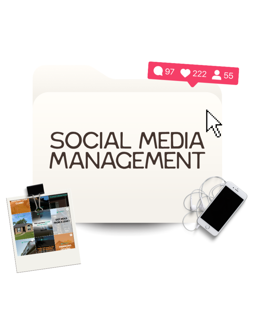 A digital graphic with the words 'Social Media Management' on a computer screen, surrounded by social media notification icons, a smartphone with earphones, and a photo collage of house-related content.