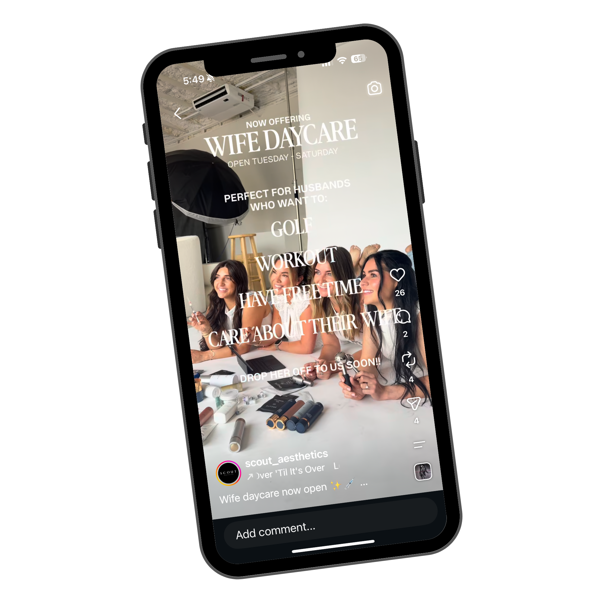 A smartphone screen displays a social media post about a wife daycare service, featuring a group of smiling women sitting around a table with beauty products. The post reads 'Now offering wife daycare, open Tuesday to Saturday, perfect for husbands who want to golf, workout, have free time, care about their wife.'