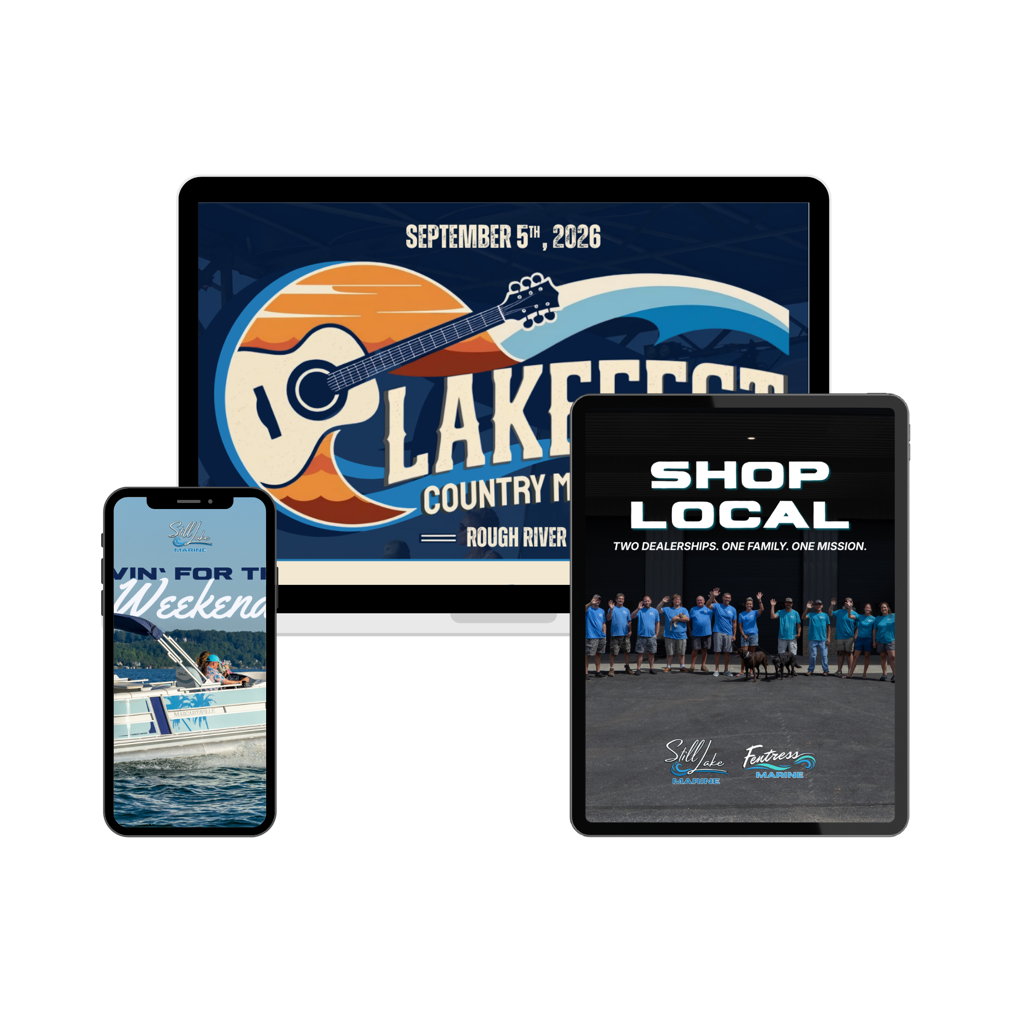 Screens showing promotional content for Lake County, Indiana, including events, a boat photo, and group photos of people in blue shirts.