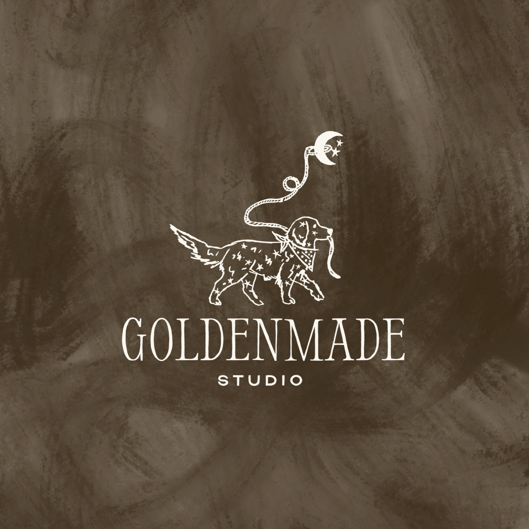 Logo of Golden Made Studio featuring a dog with a scarf and a moon with stars above it, on a brown textured background.