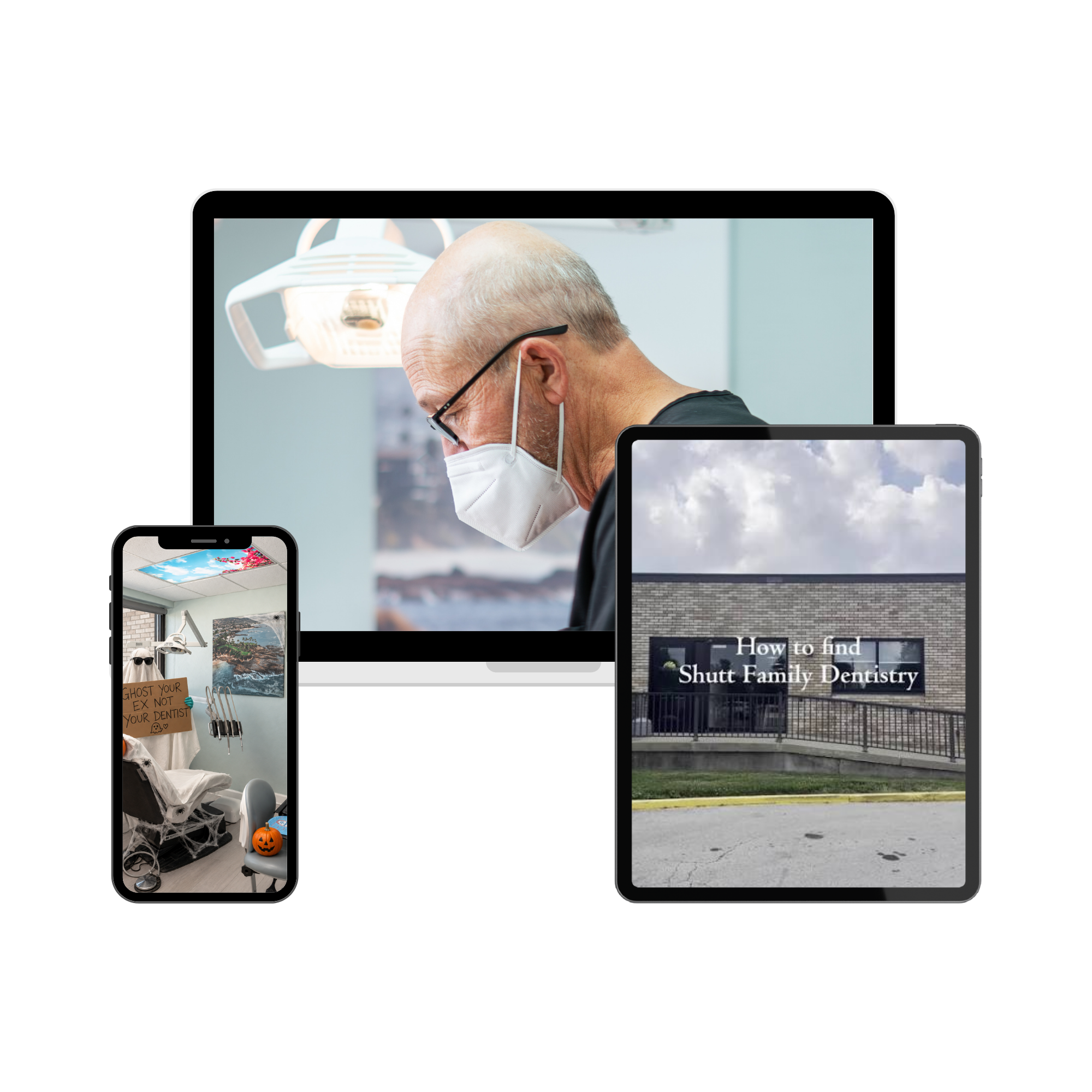 Multiple electronic devices displaying images and info about Shutt Family Dentistry, with a visible office building and sky with clouds in the background.