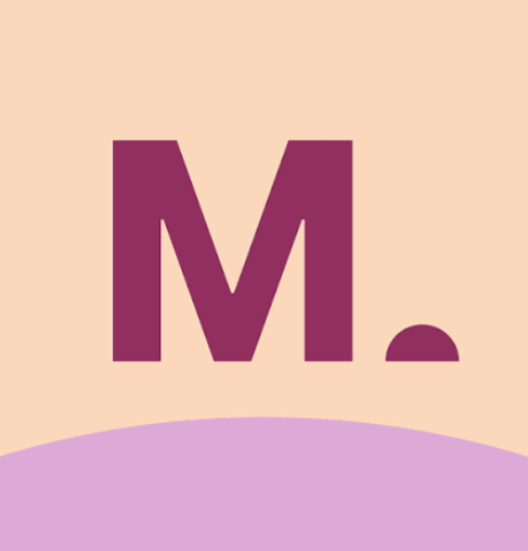 Close-up of a graphic with a large purple letter 'M' and a period on a beige background, with a curved purple shape at the bottom.