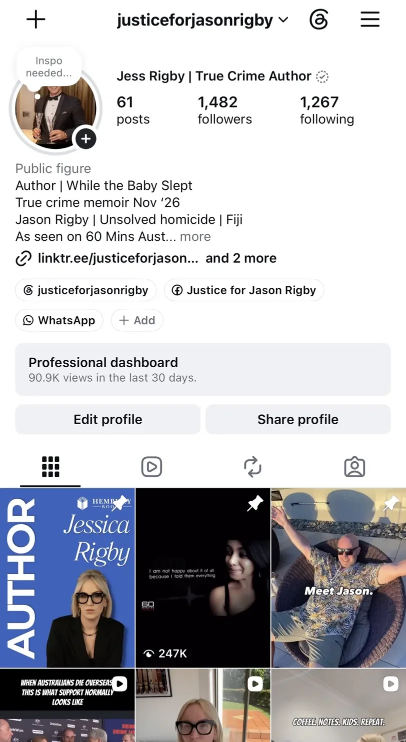 Instagram profile page of Jess Rigby, true crime author, showing her profile photo, follower stats, bio details, and a grid of video thumbnails, including a cover image with her name and other videos related to her work.