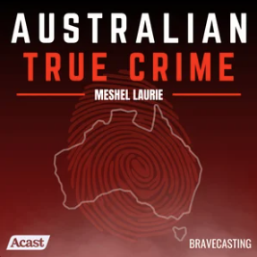 'Australian True Crime' by Meshel Laurie, featuring a red fingerprint outline of Australia against a dark background.