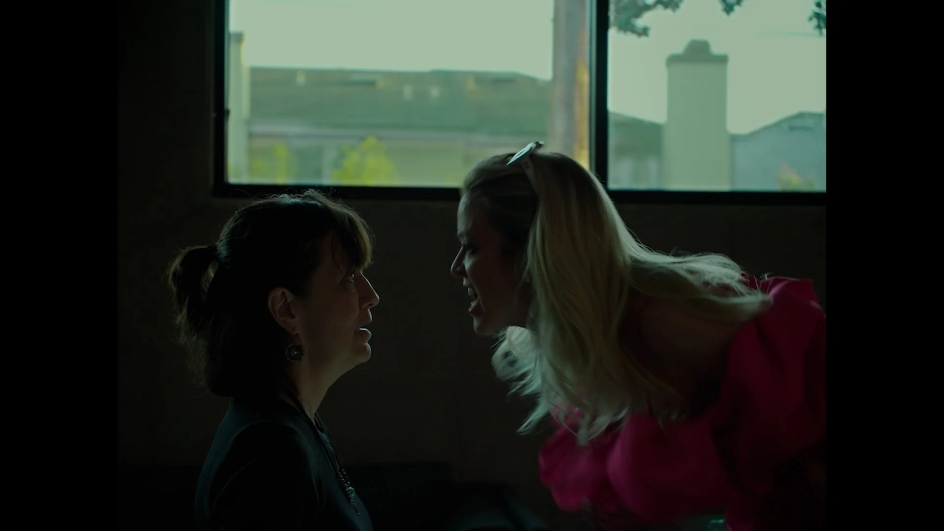 Two women face each other close indoors, with a window in the background showing a cloudy sky and trees. One woman with dark hair is seated, and a woman with blonde hair is leaning over, appearing to be shouting or speaking intensely.