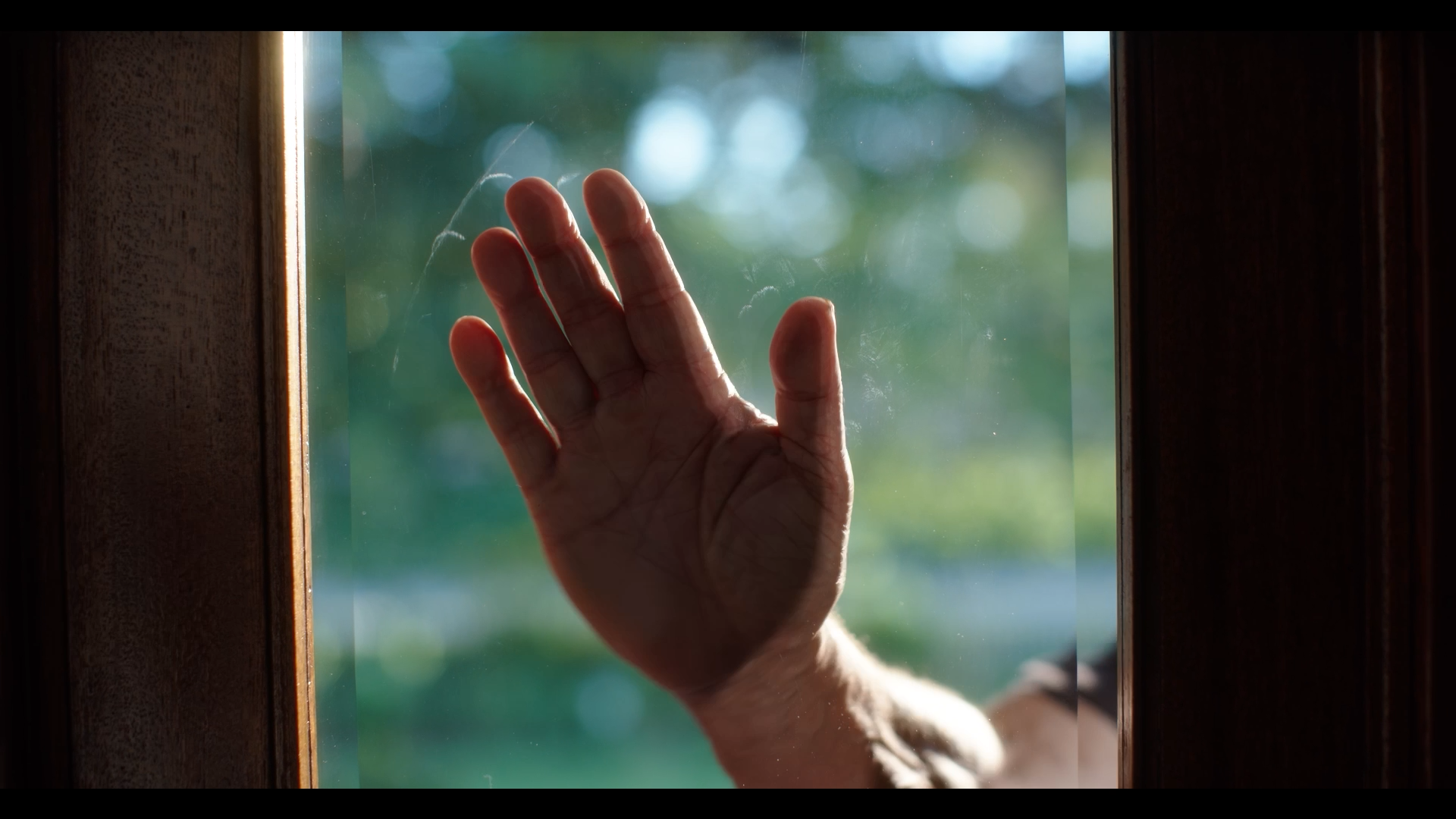 A hand with slightly curled fingers touches a glass window from the inside, with a blurred green outdoor background visible through the glass.
