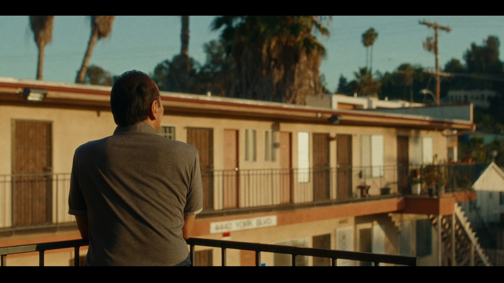 A man with dark hair, wearing a gray shirt, standing with his back to the camera on a balcony during sunset, overlooking a row of buildings with palm trees in the background.