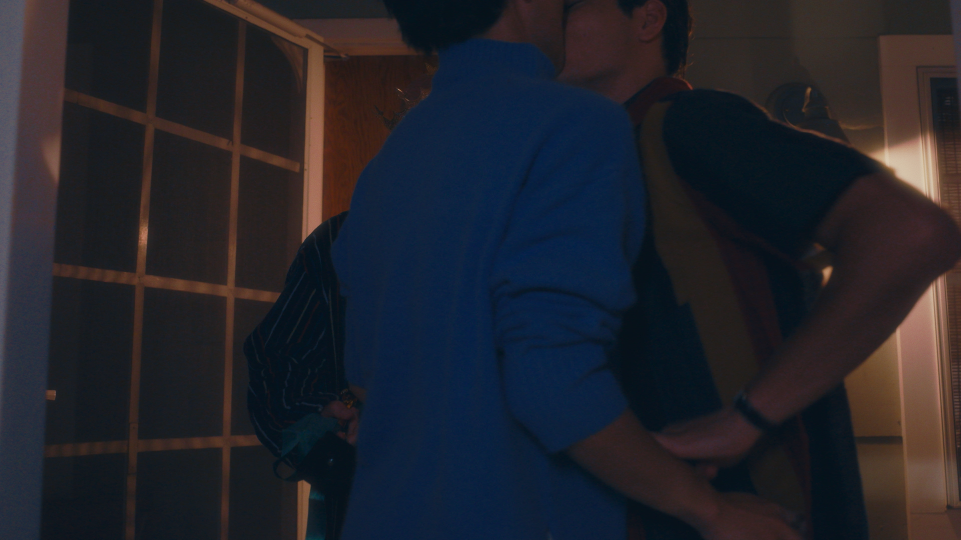 Two people kissing in a dimly lit room, with one person wearing a light blue shirt and the other in a dark shirt with red and yellow stripes.