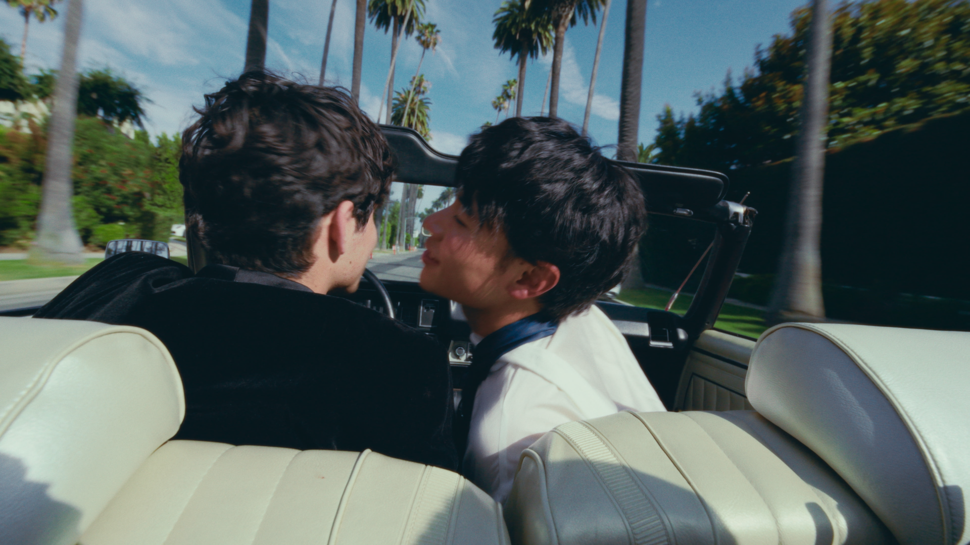 Two men with dark hair sharing a kiss in the back seat of a vintage convertible car with white interior, driving through a sunny area with palm trees.