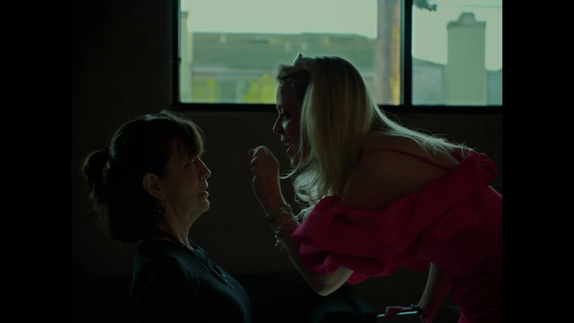 A woman with blonde hair leaning over and arguing with another woman who has dark hair, within a dimly lit room with a window showing an outdoor scene.