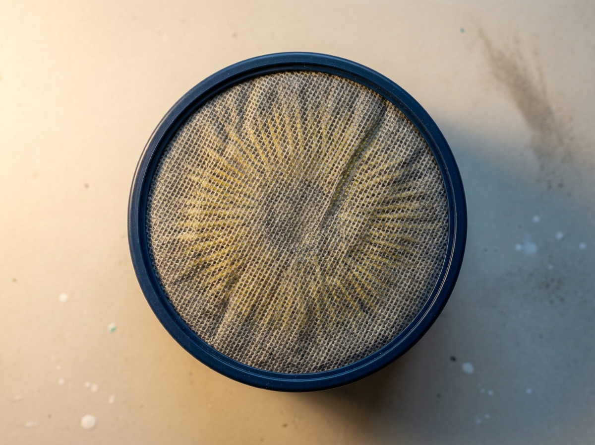 Close-up of a round air filter with a blue frame and a mesh element inside, placed on a light-colored surface
