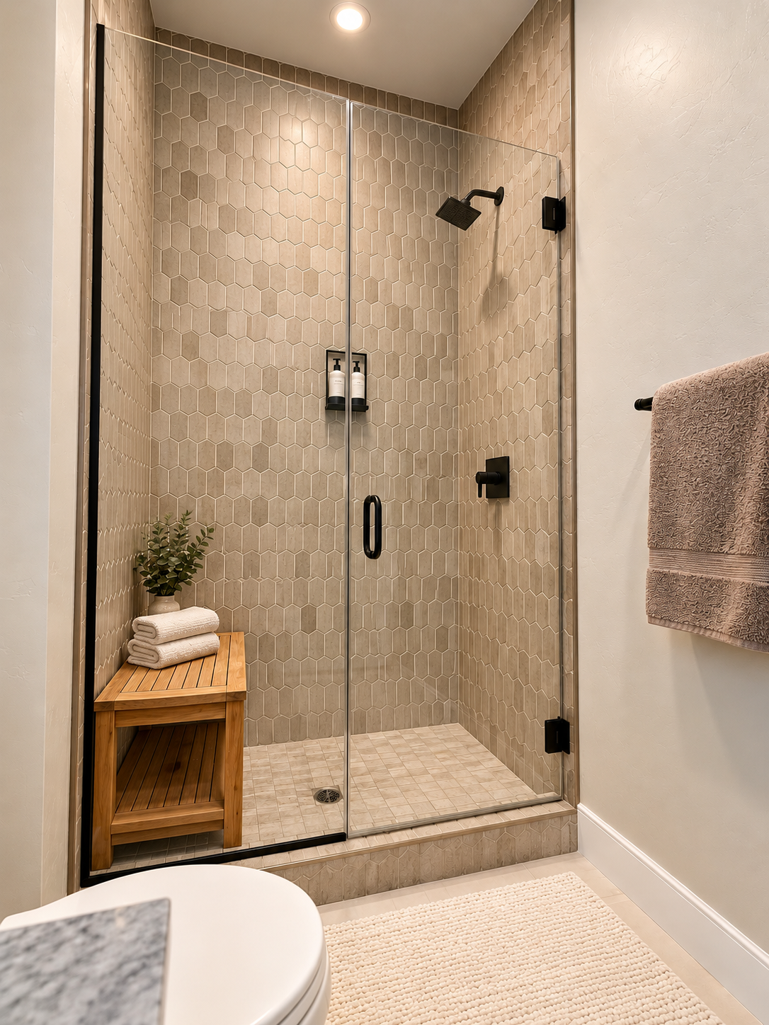Modern Spa Shower with Warm Hex Tile.png