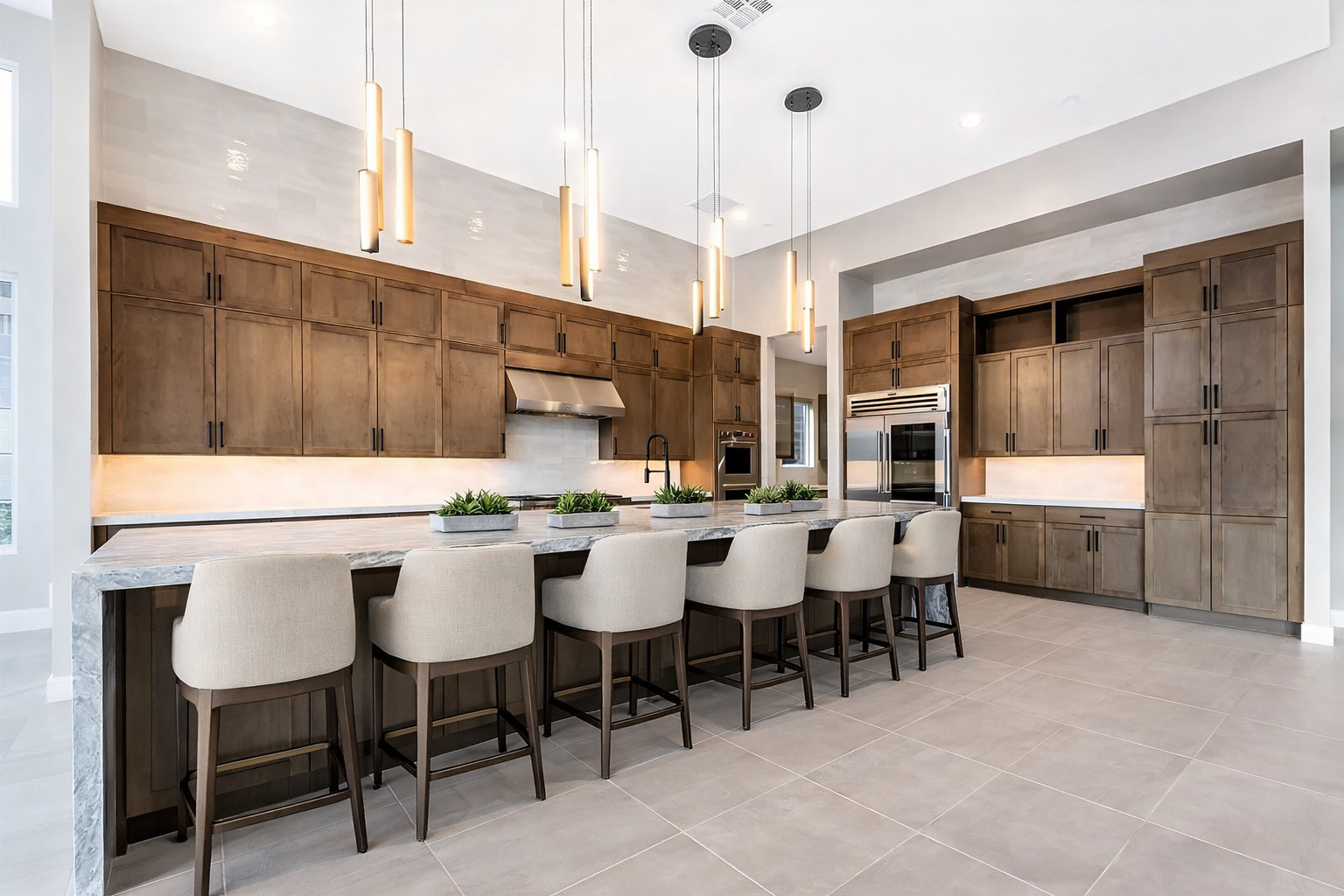 Contemporary kitchen featuring warm wood cabinetry, an expansive island with counter seating, and modern pendant lighting.