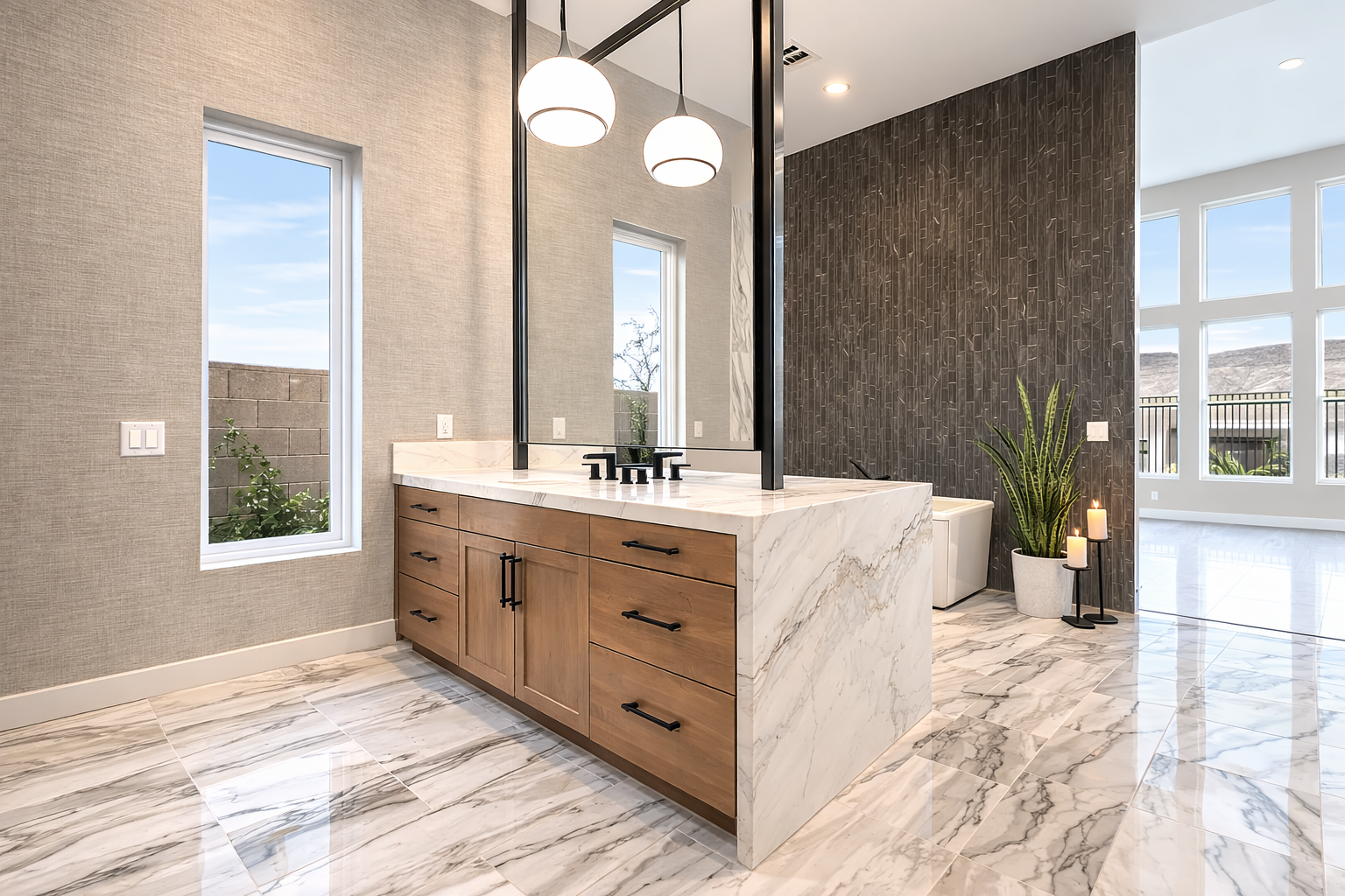 Contemporary primary bathroom featuring a warm wood vanity, dramatic marble surfaces, textured wallcovering, oversized mirrors, and modern globe lighting.