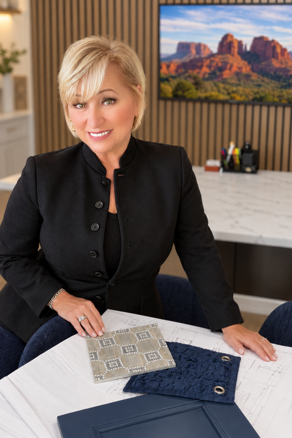 A smiling woman with short blonde hair in a black blazer sitting at a marble table with fabric samples, in a modern office with wood-paneled wall and a mountain landscape on screen.