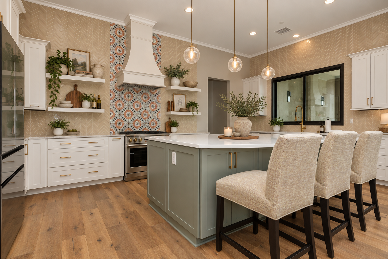 Modern kitchen with white cabinets, a green kitchen island, beige chairs at the island, open shelving with plants and decorative items, a patterned backsplash, wooden flooring, and pendant lighting.