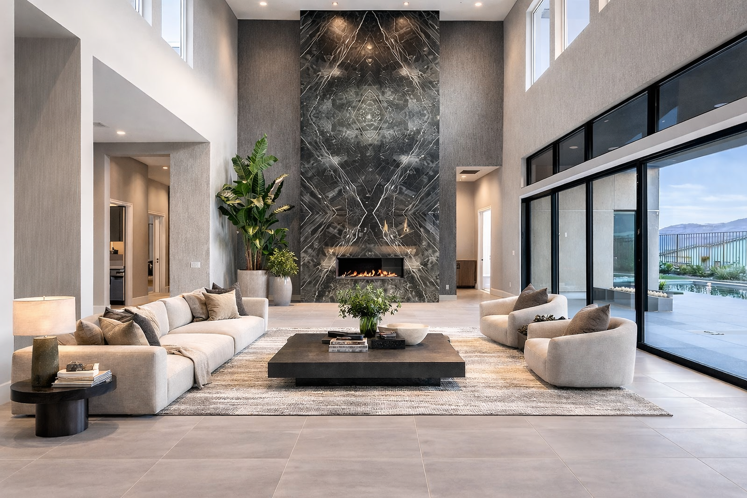 Modern living room with large black marble fireplace, beige sofas and armchairs, a rectangular black coffee table, large potted plants, and floor-to-ceiling glass windows showing an outdoor view with mountains.