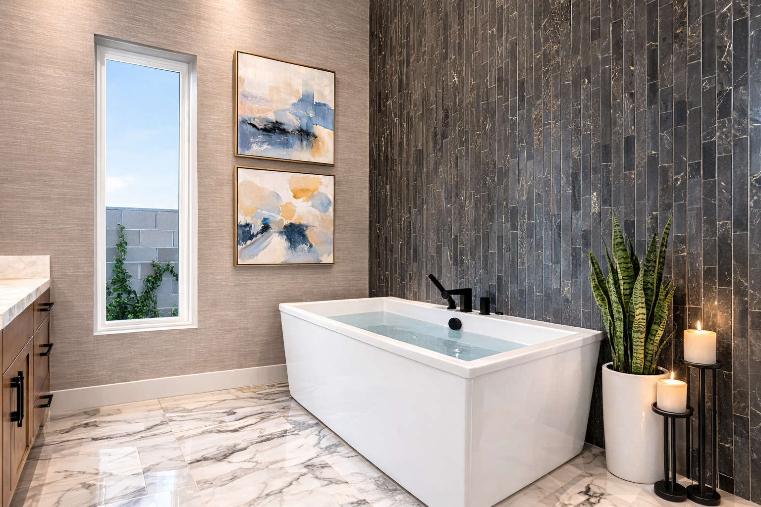 Contemporary primary bathroom featuring a freestanding soaking tub, dramatic textured accent tile, marble-look flooring, matte black fixtures, and curated artwork.