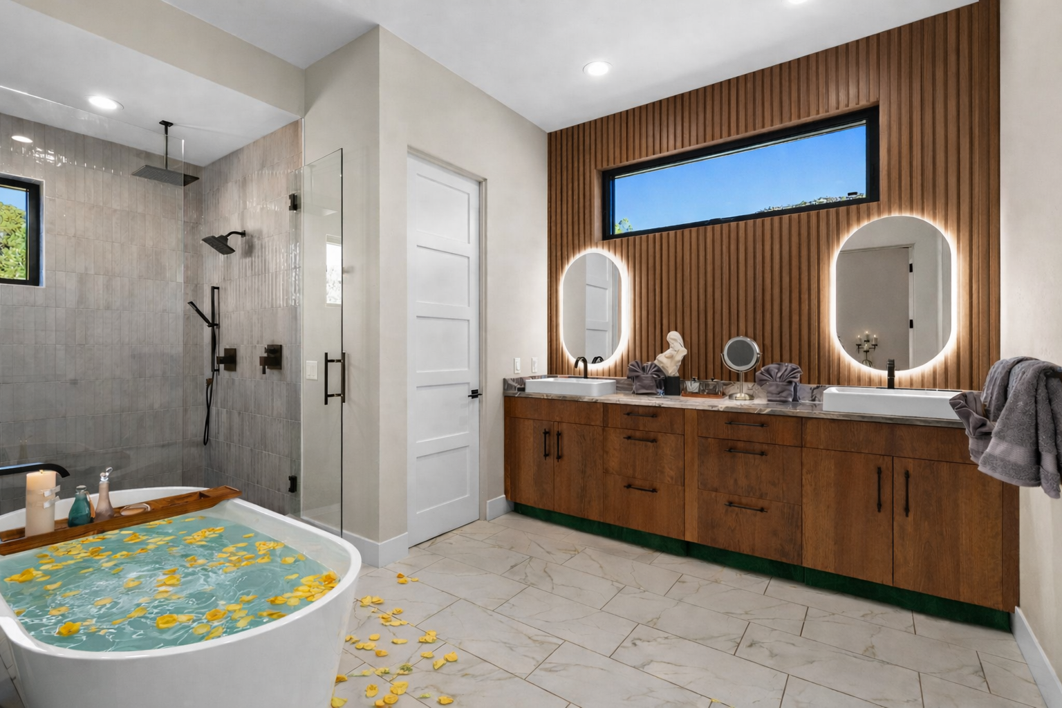 Modern bathroom with a large walk-in shower, a bathtub filled with water and yellow flower petals, and a double vanity with illuminated mirrors, a white door, wood-paneled wall behind the vanity, and a high horizontal window.