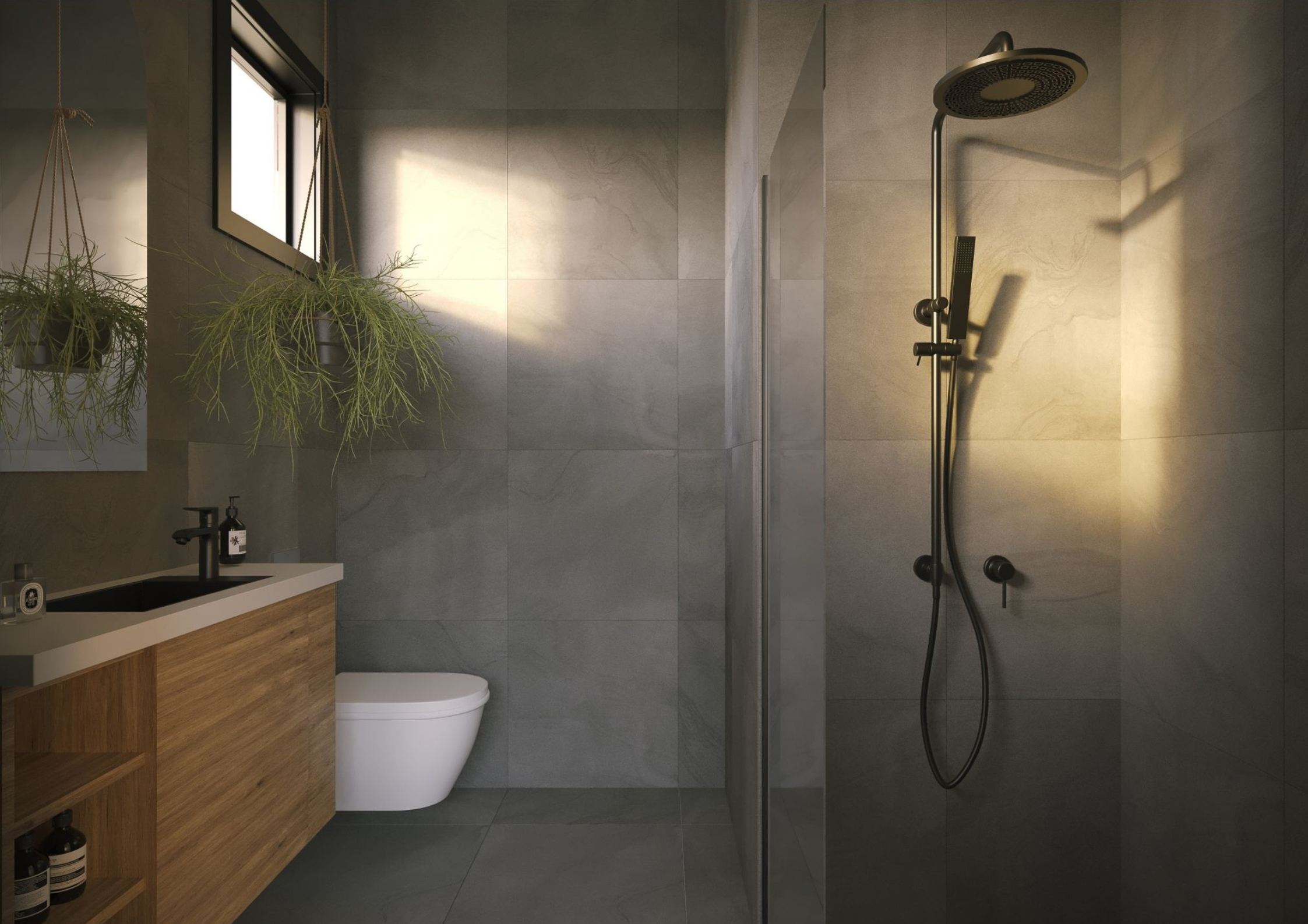 Modern bathroom with a shower, toilet, wooden vanity, mirror, and green hanging plants, with natural light coming through a small window.