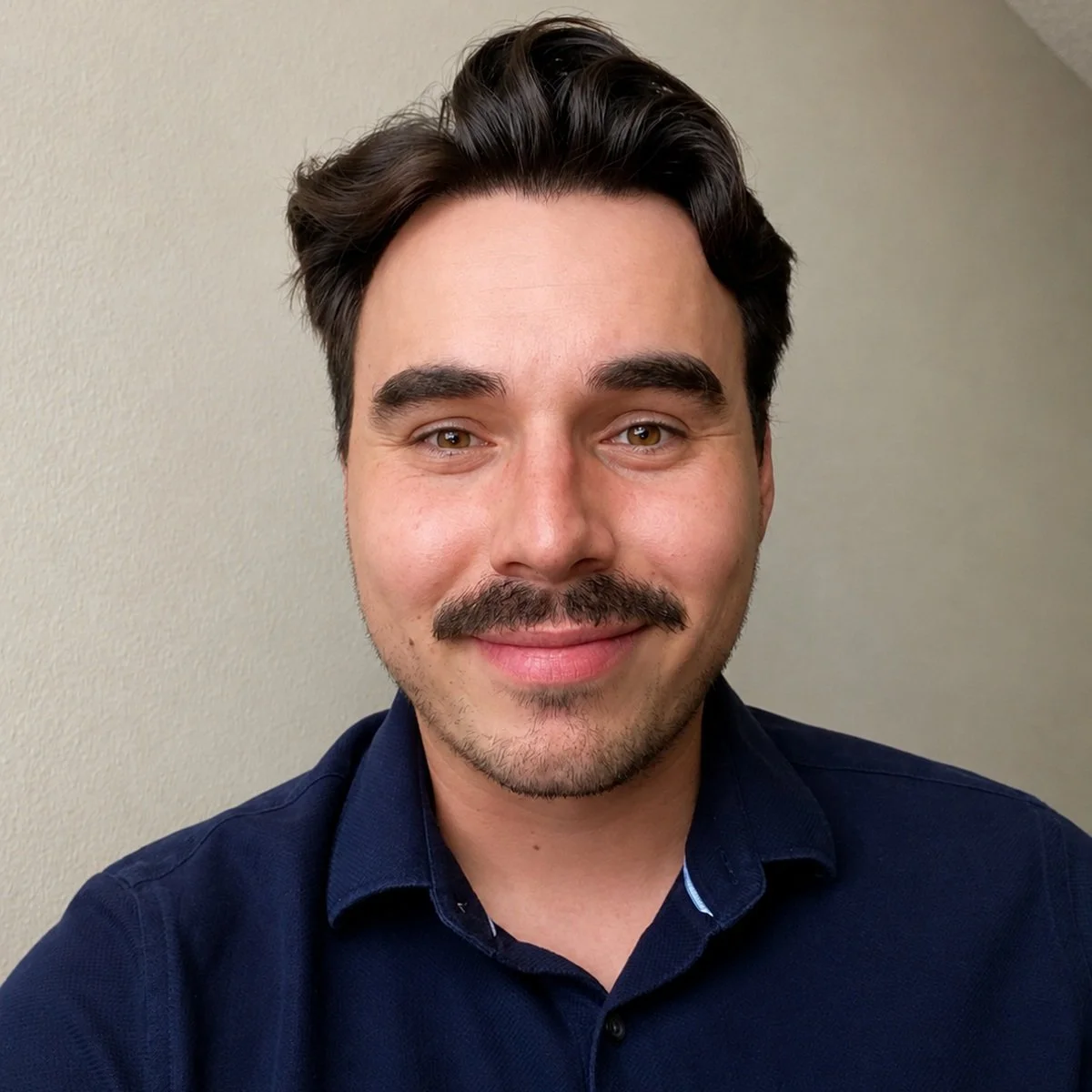 A young man with dark hair, a mustache, and brown eyes, smiling in front of a plain wall, wearing a navy blue shirt.