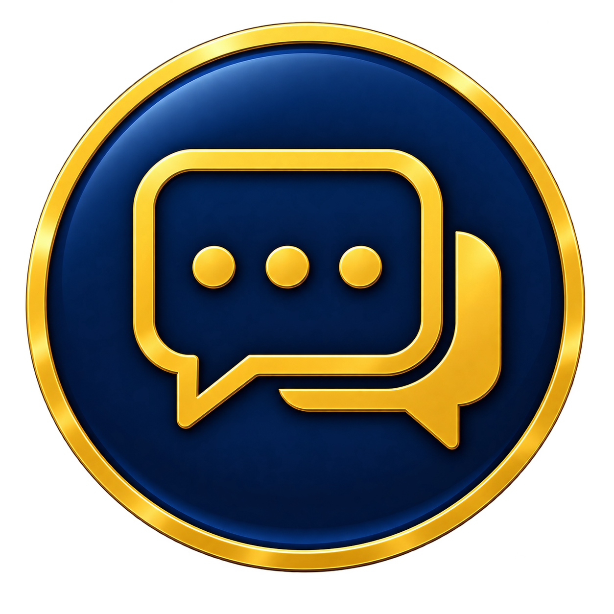Gold and navy icon of two speech bubbles with three dots inside, representing a chat or messaging feature.