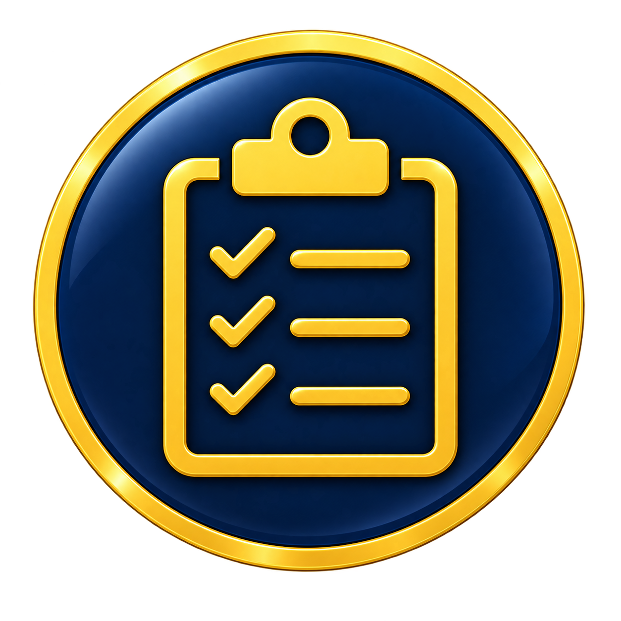 Gold and blue circular badge with a clipboard icon showing checkmarks on a list.