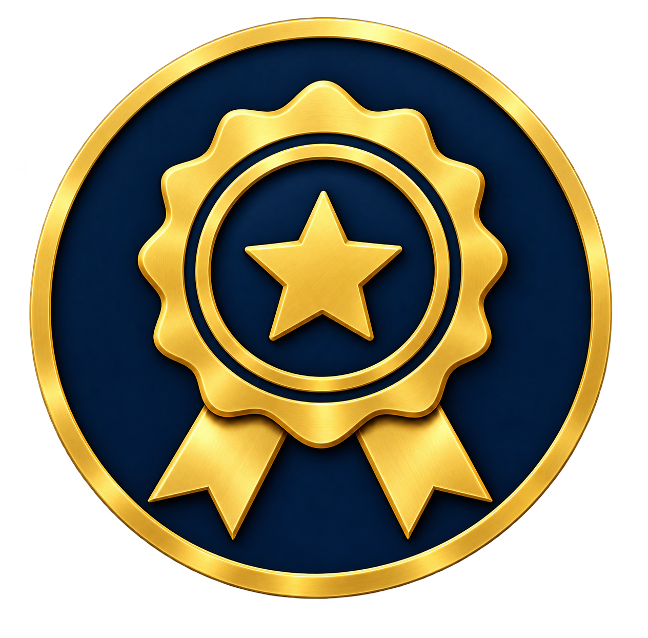Gold medal with a star in the center, ribbon at the bottom, and a scalloped border on a dark blue background.