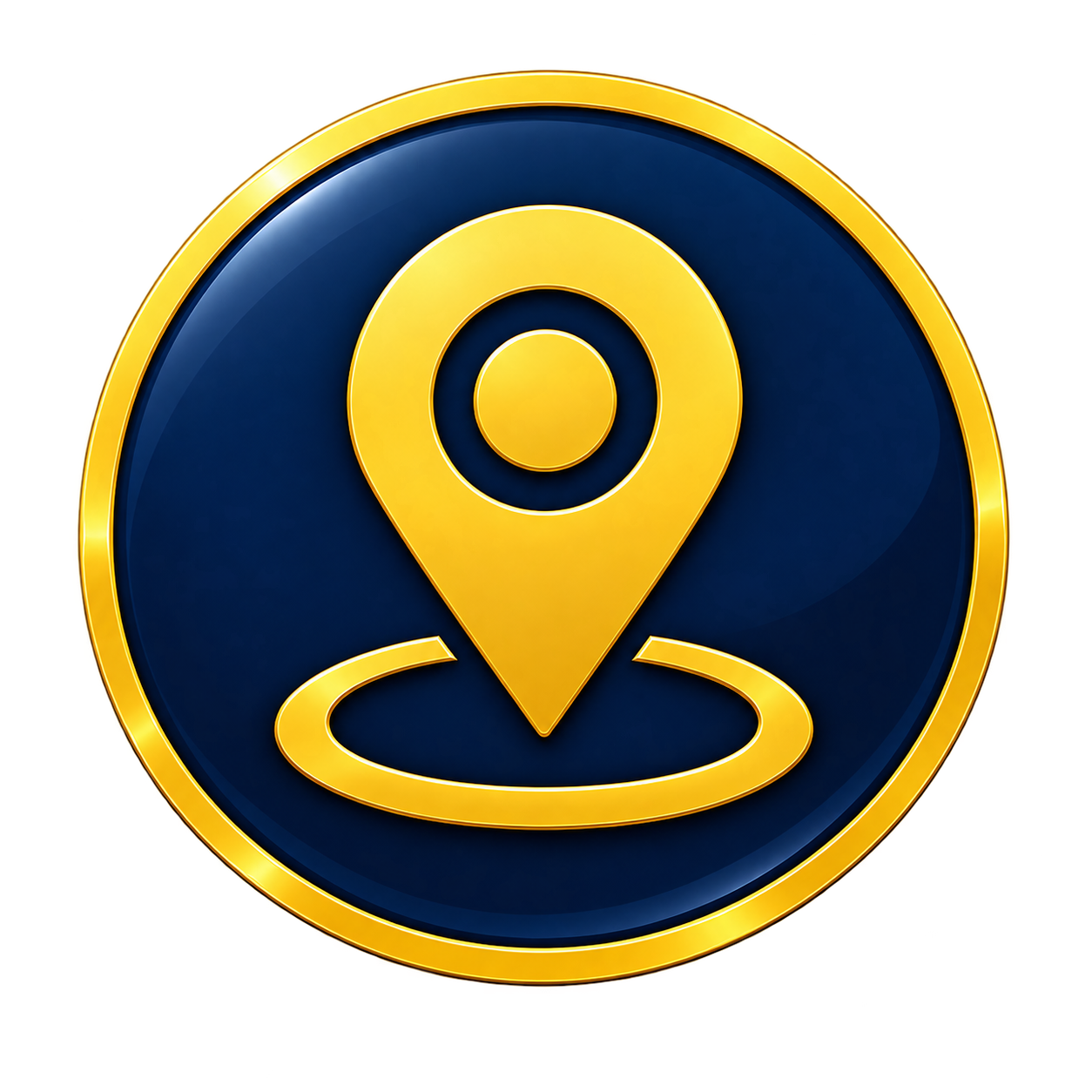 A circular icon with a dark blue background and a gold border, featuring a gold location pin symbol in the center with a circular base.