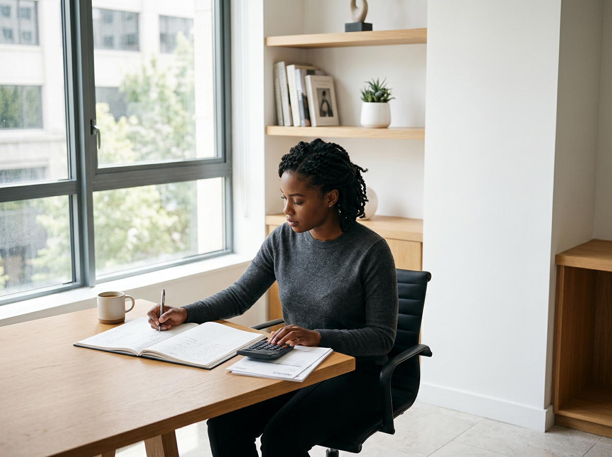 A young black business woman going over her financials
