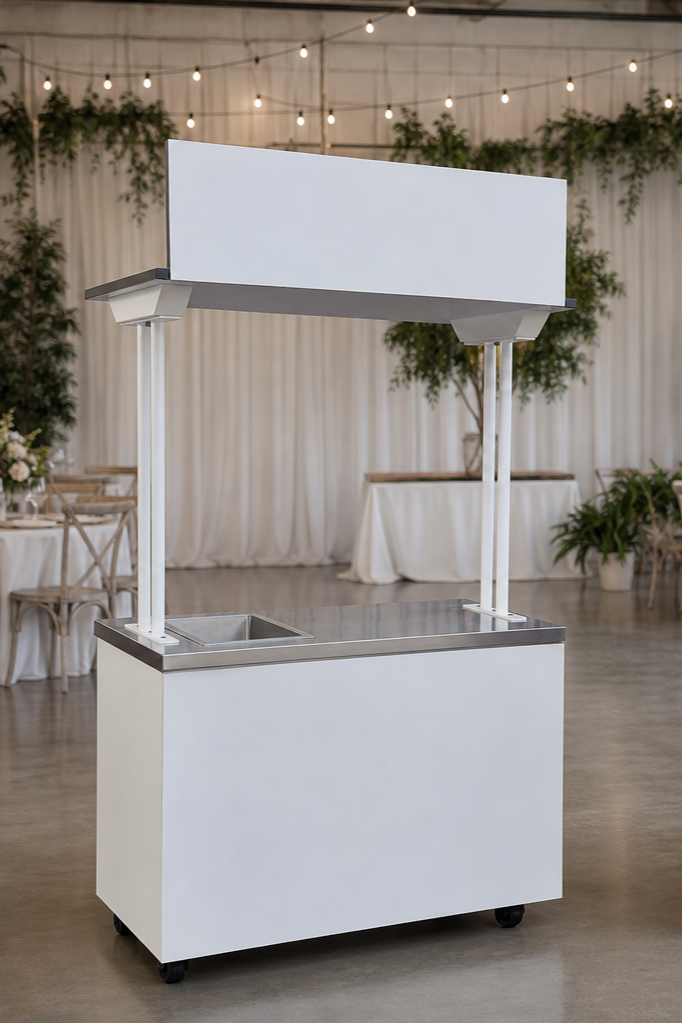An event cart with a stainless steel top and an overhead canopy