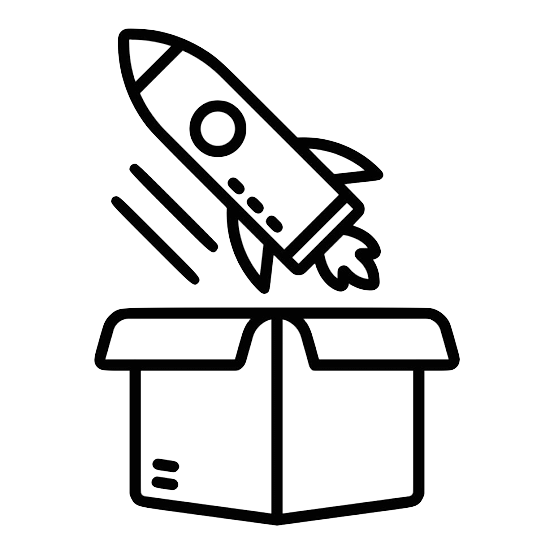 A line drawing of a rocket ship emerging from an open box.
