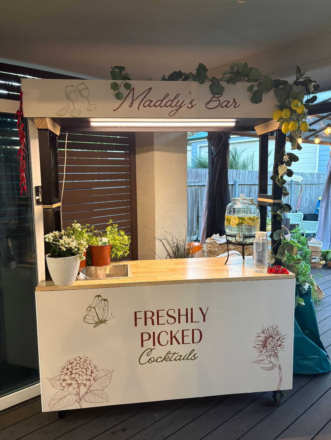  An Event cart with custom graphics 'Maddy's Bar' & 'FRESHLY PICKED Cocktails'. 