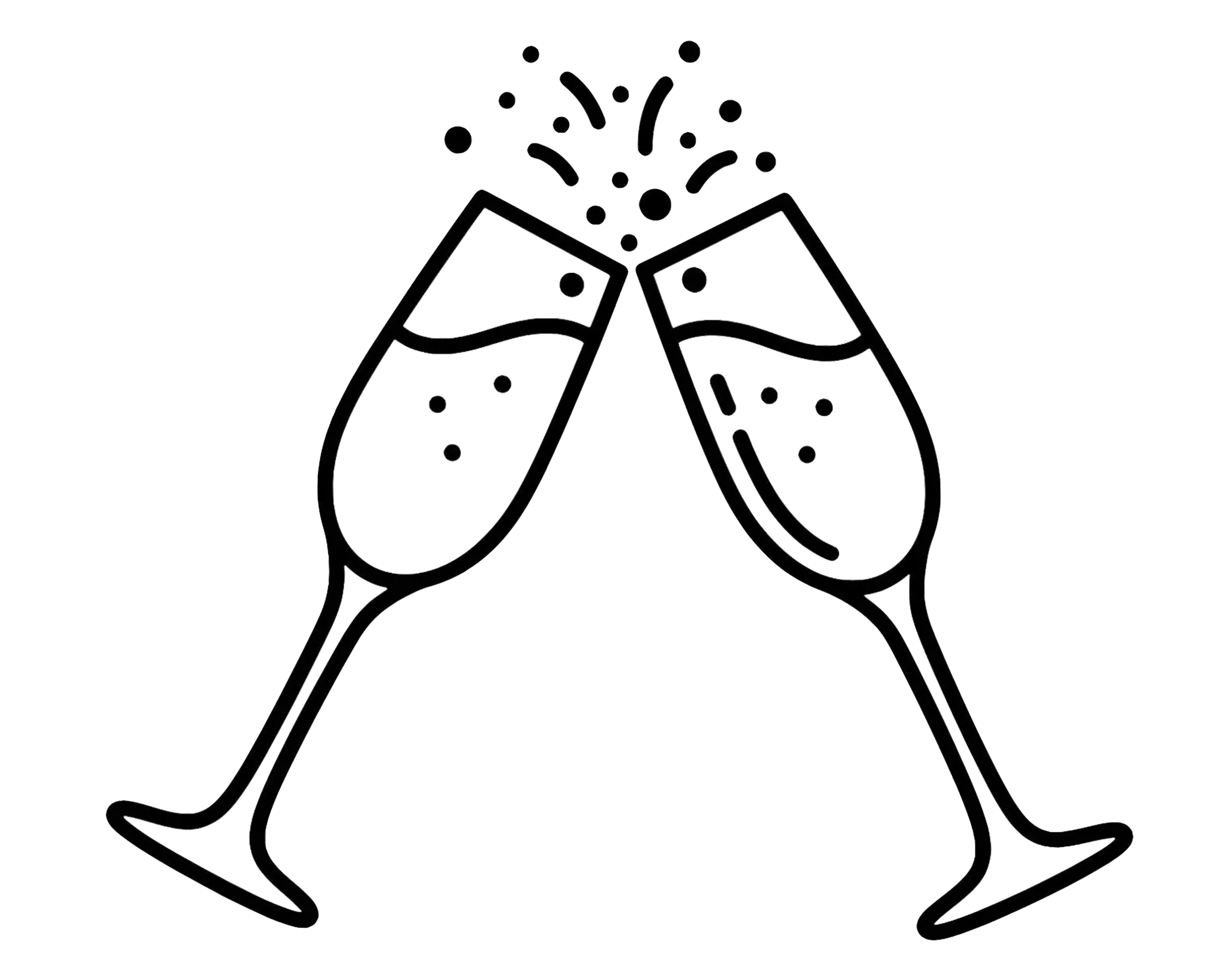 Black background with white outline of two champagne glasses clinking, with small bubbles and lines representing bubbly celebration.