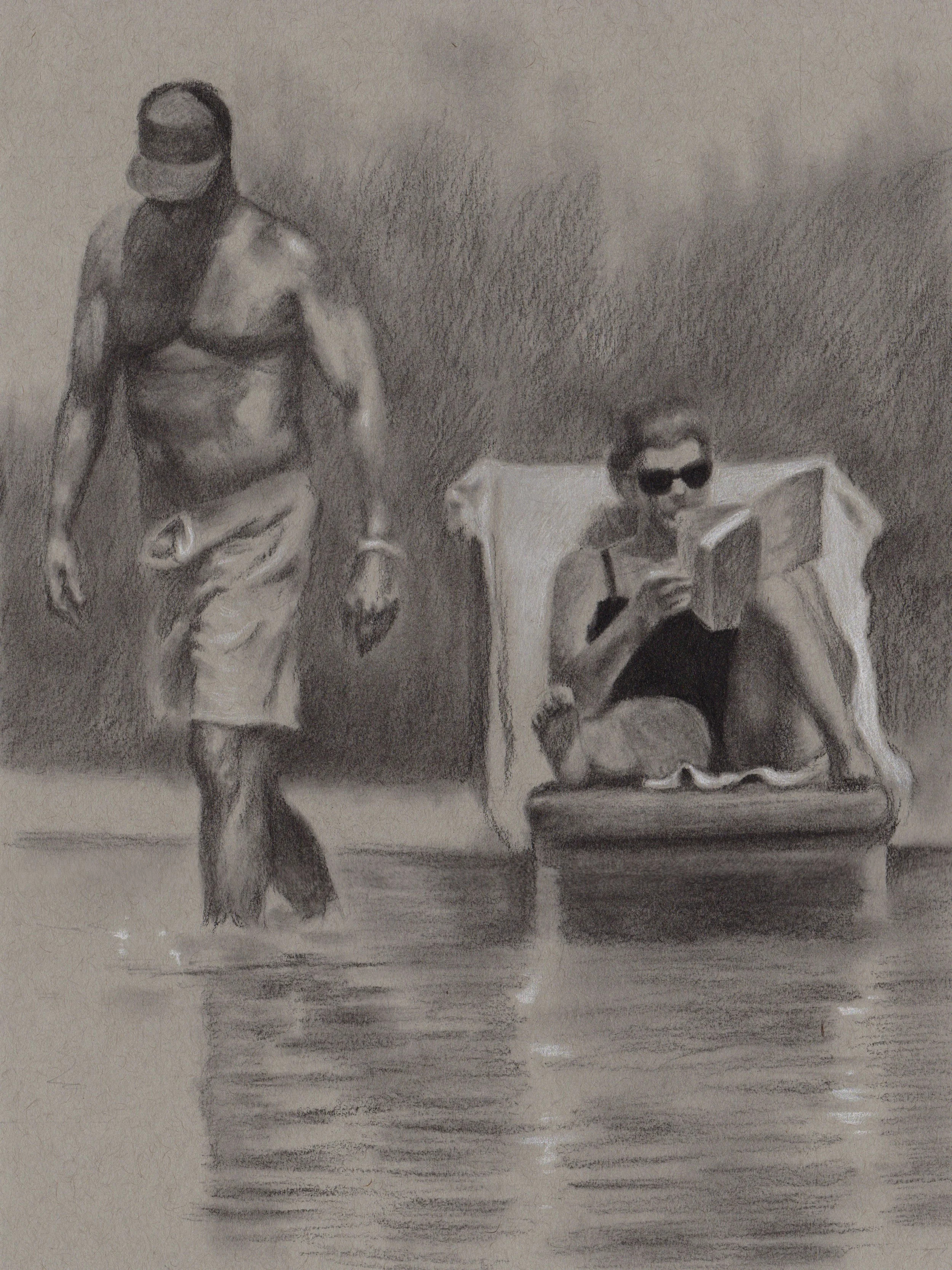 The Beginning - Charcoal and white charcoal on colored paper