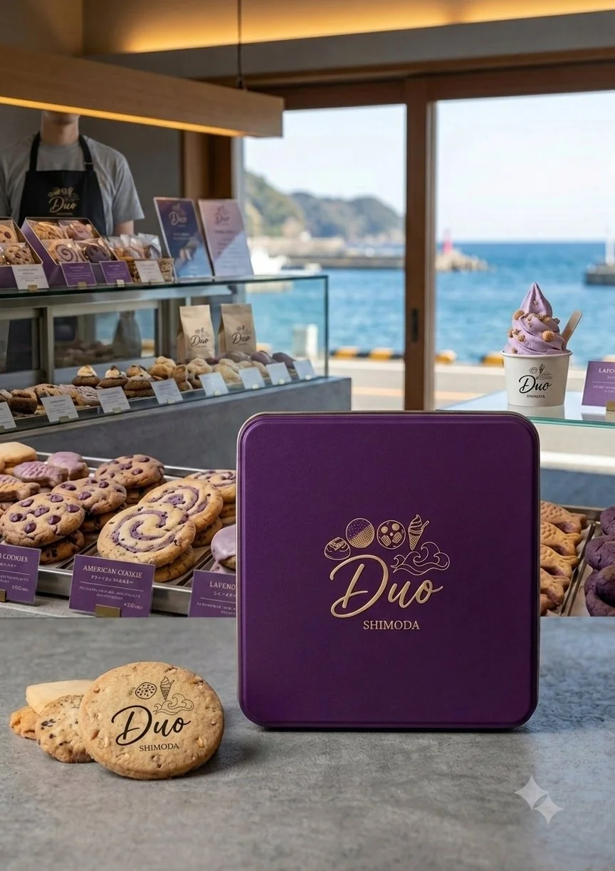 海の景色が見える店内で、クッキーとアイスクリームが陳列されている。中央に紫色の箱があり、その前にクッキーが置かれている。