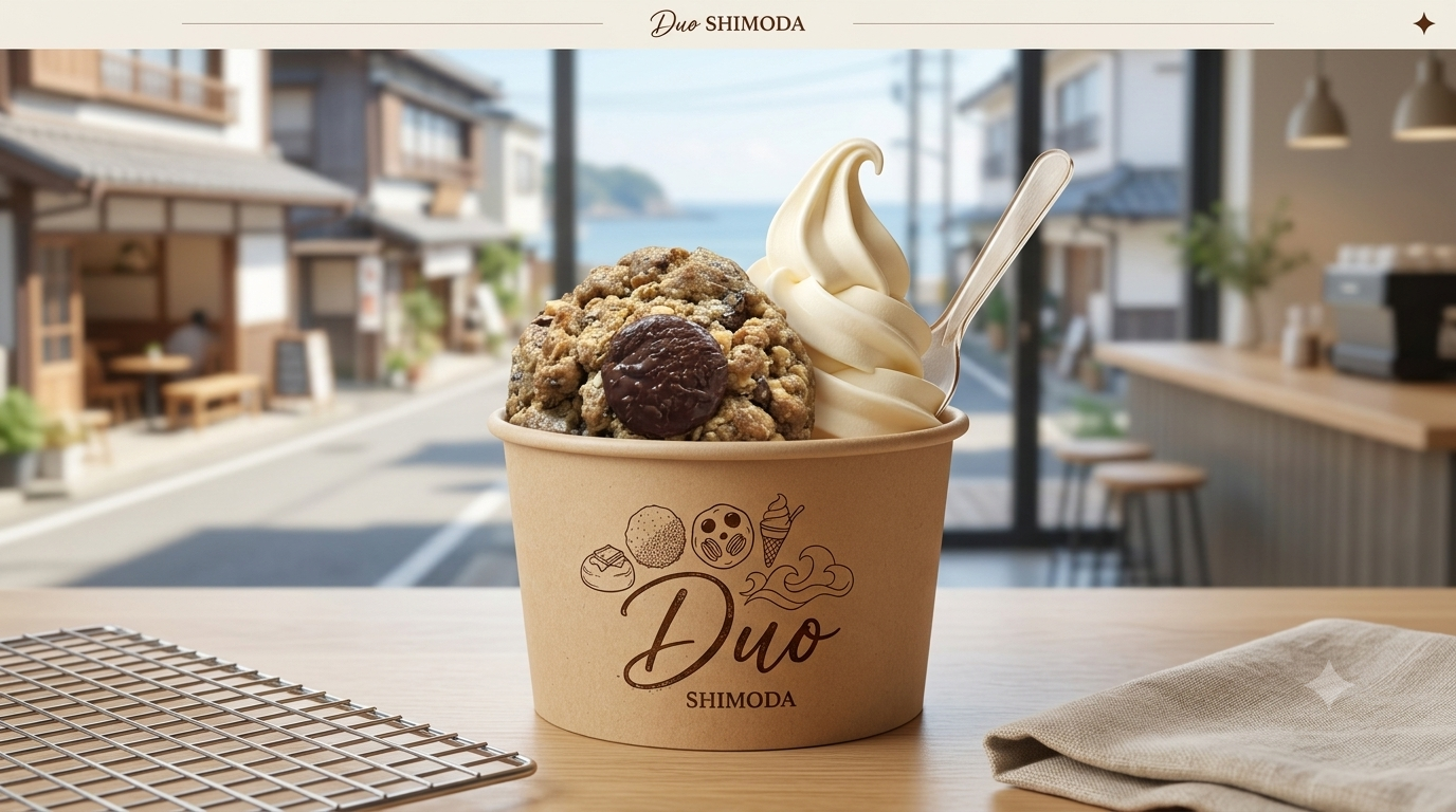 店内の窓際に置かれた紙のカップにアイスクリームとトッピングが入っている。背景にはカウンター席や窓の外の街並みが見える。