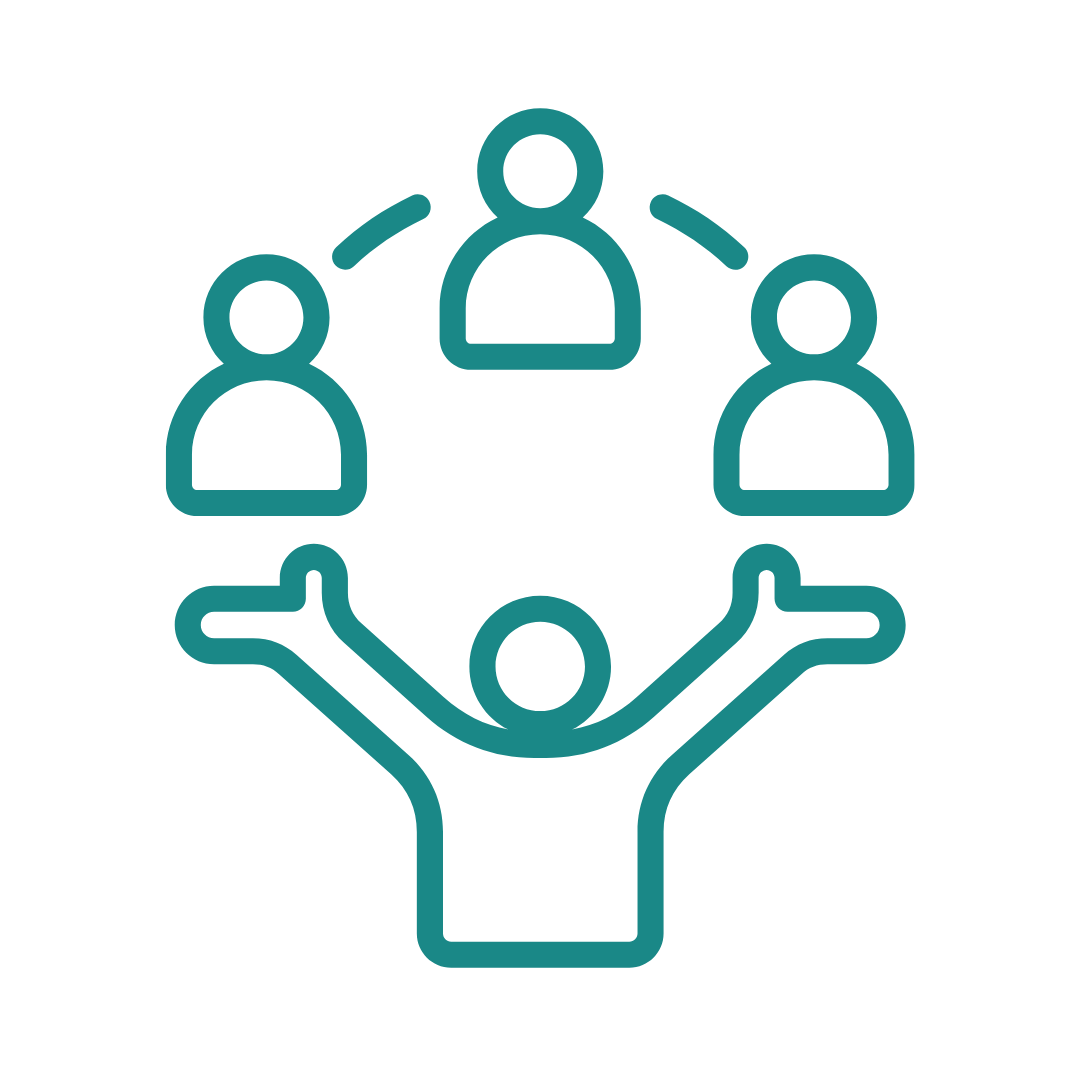 Illustration of a person holding up three individuals connected by lines, symbolizing teamwork or networking.