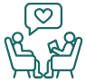 Two people sitting across from each other, having a conversation with speech bubbles, and a heart icon above them indicating a friendly or caring interaction.