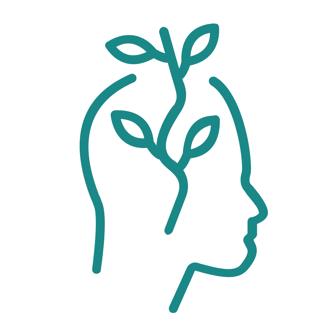 Line drawing of a human face in profile with a plant growing inside the head.