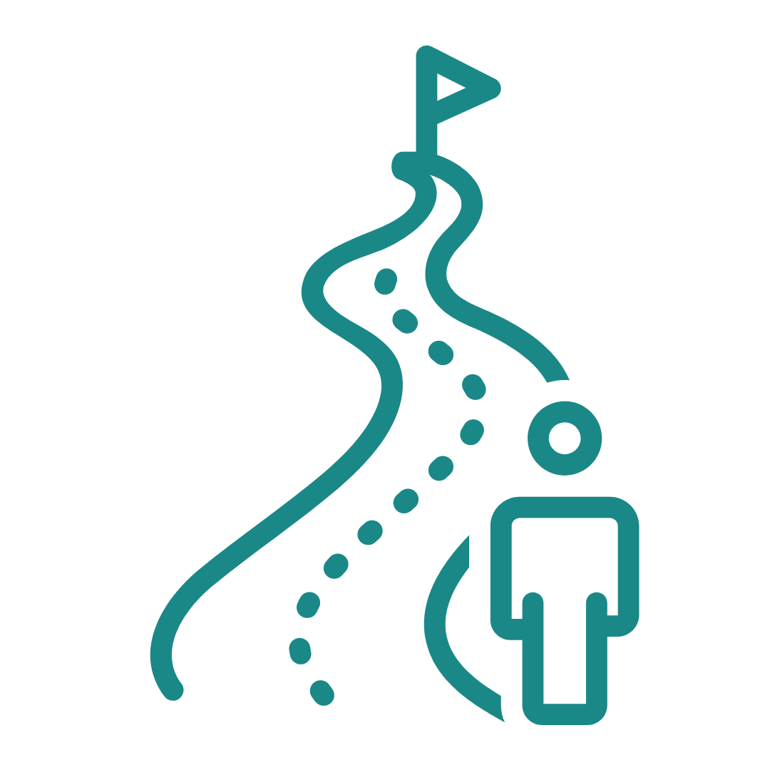 Icon of a person walking along a winding path with a flag at the end, representing a journey or route.